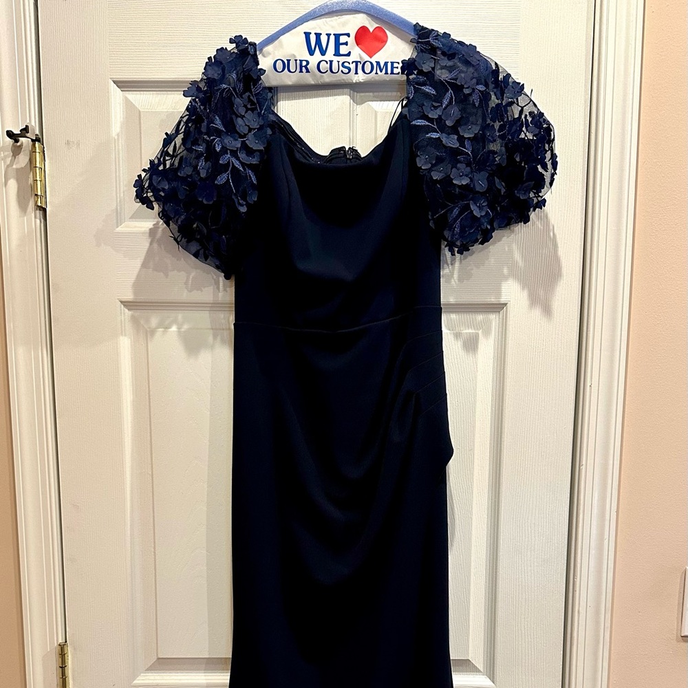 Xscape Navy Gown with Floral Sleeves
